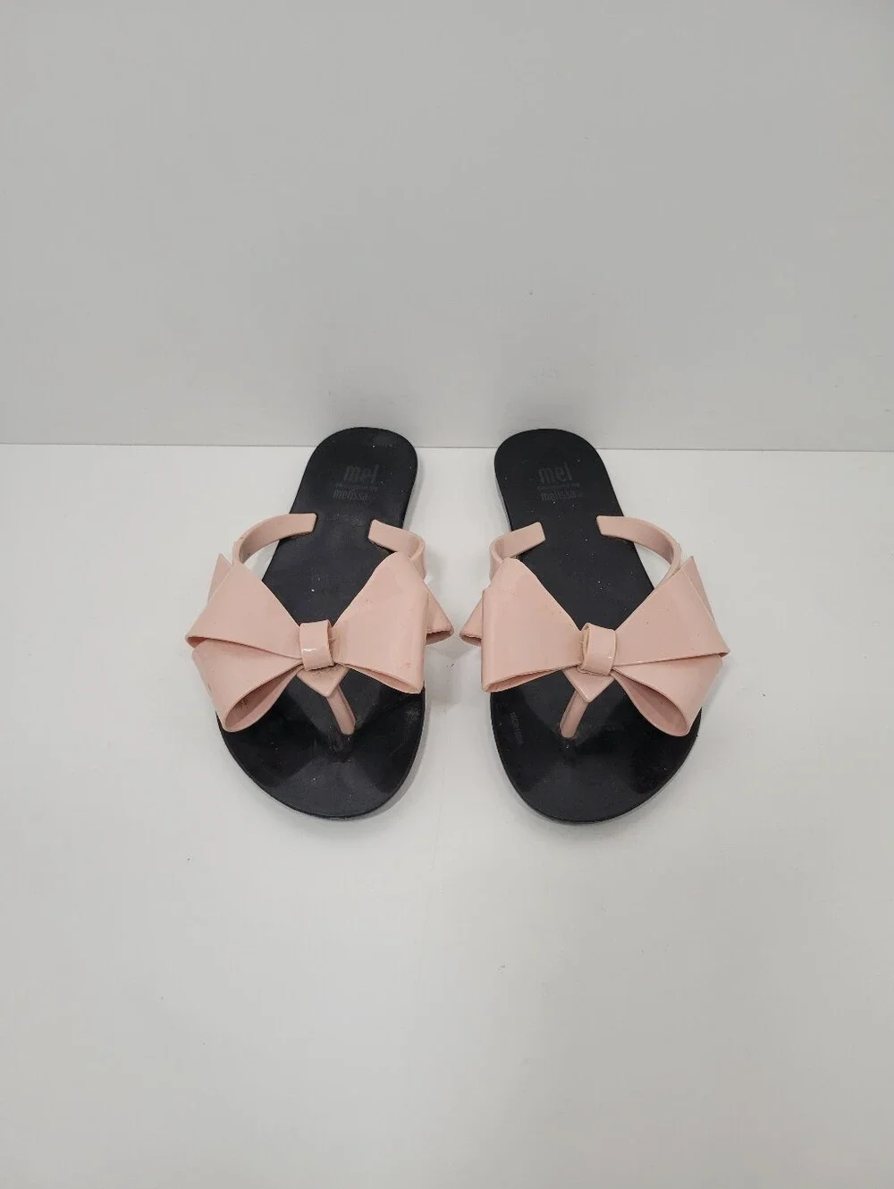 Mini Mel Dreamed by Melissa Black Blush Pink Bow Flip Flop Sandals Girl Size 1